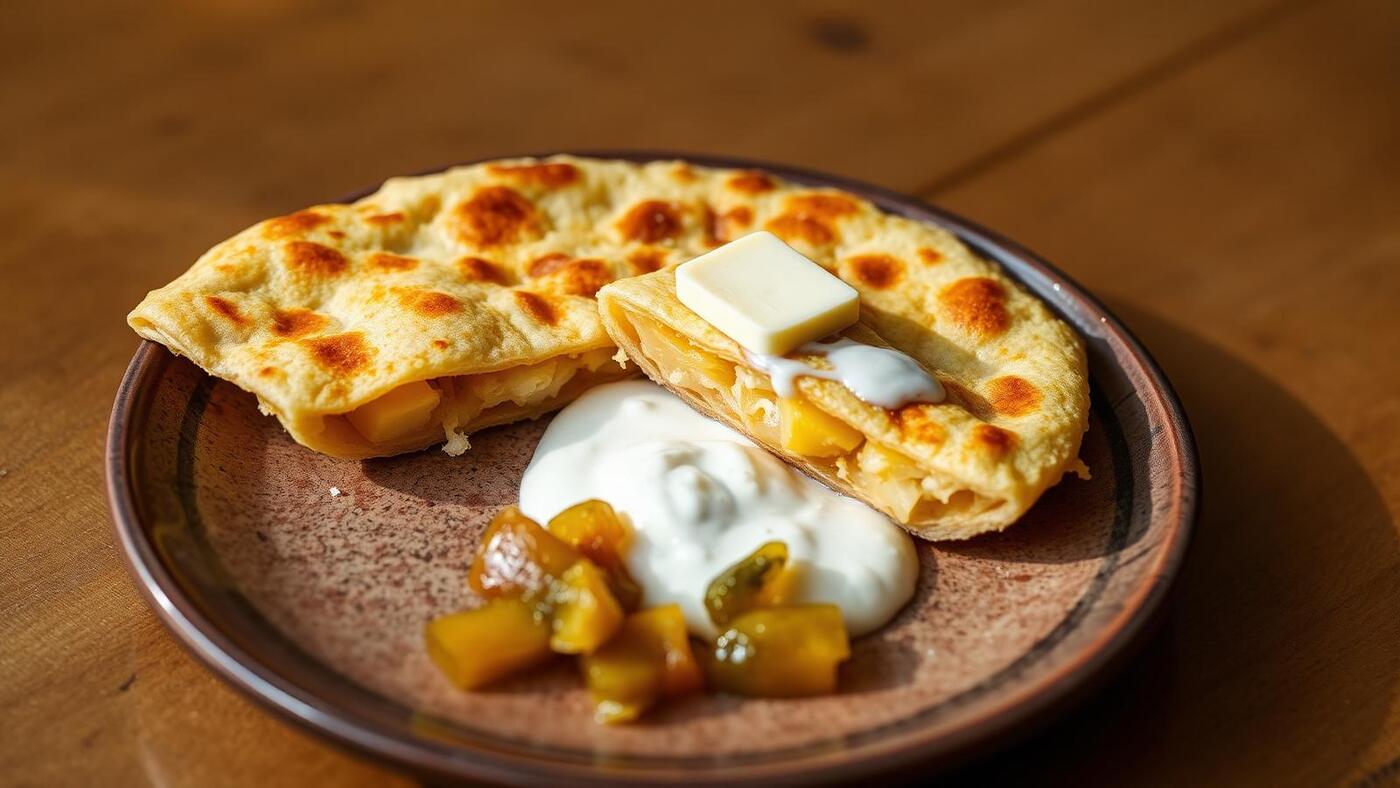 Aloo paratha cut open with potato filling and butter on top