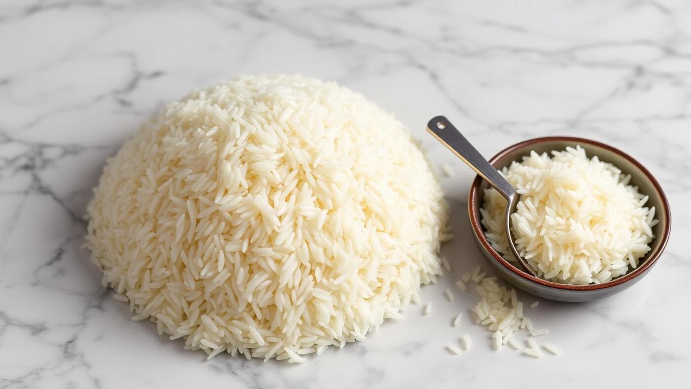 Raw long-grain basmati rice on marble surface