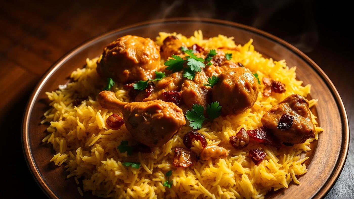 Steaming plate of chicken biryani with saffron basmati rice