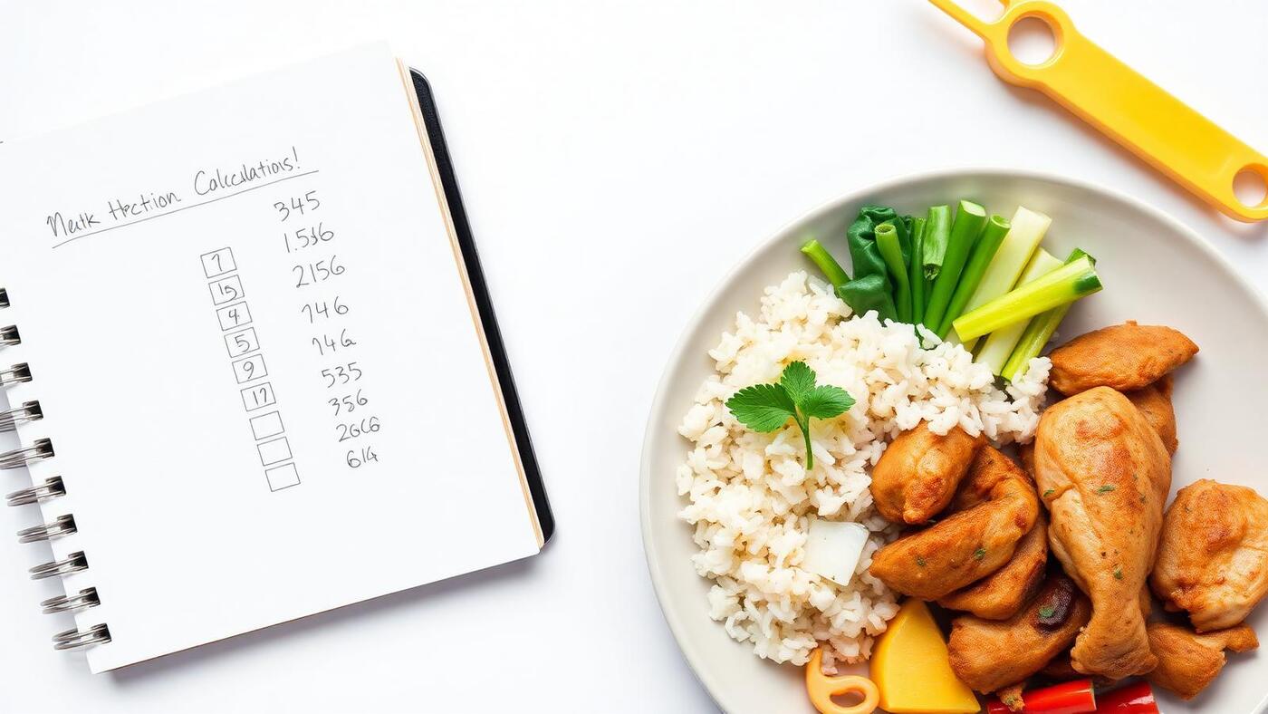 Notebook with calorie calculations next to a balanced plate of food
