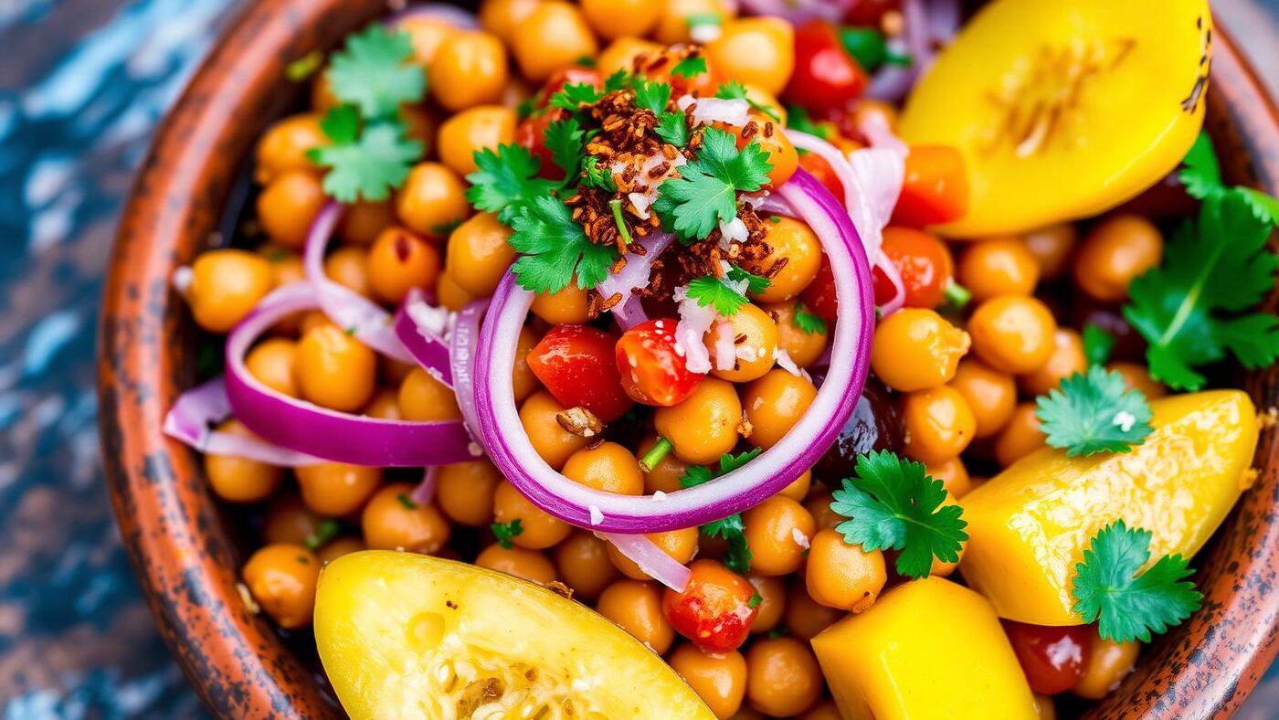 Pakistani chana chaat with chickpeas tomato onion coriander