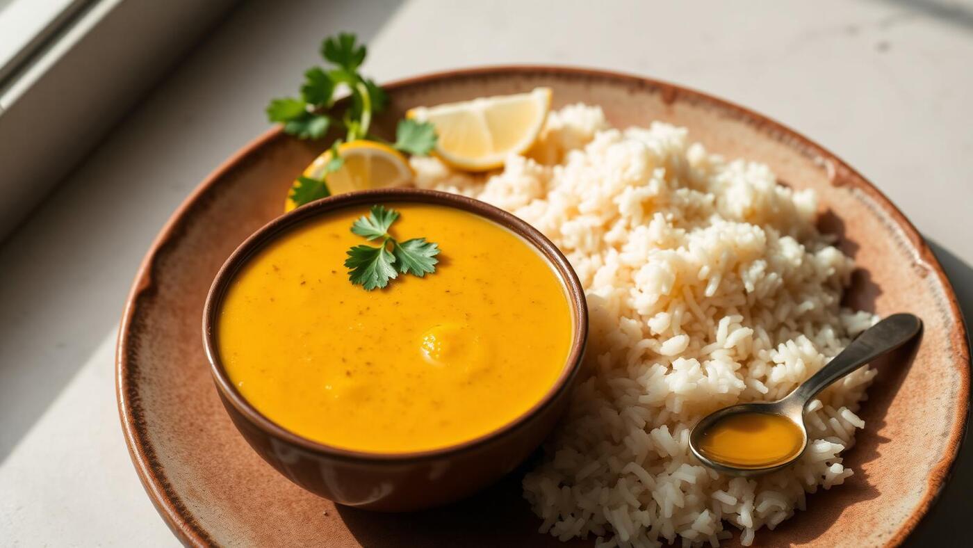 Bowl of yellow daal next to basmati rice on a rustic plate