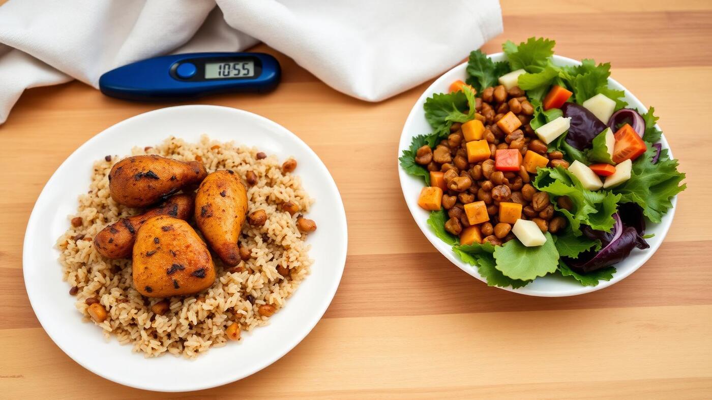 Diabetic-friendly desi meal with brown rice, lentils and salad