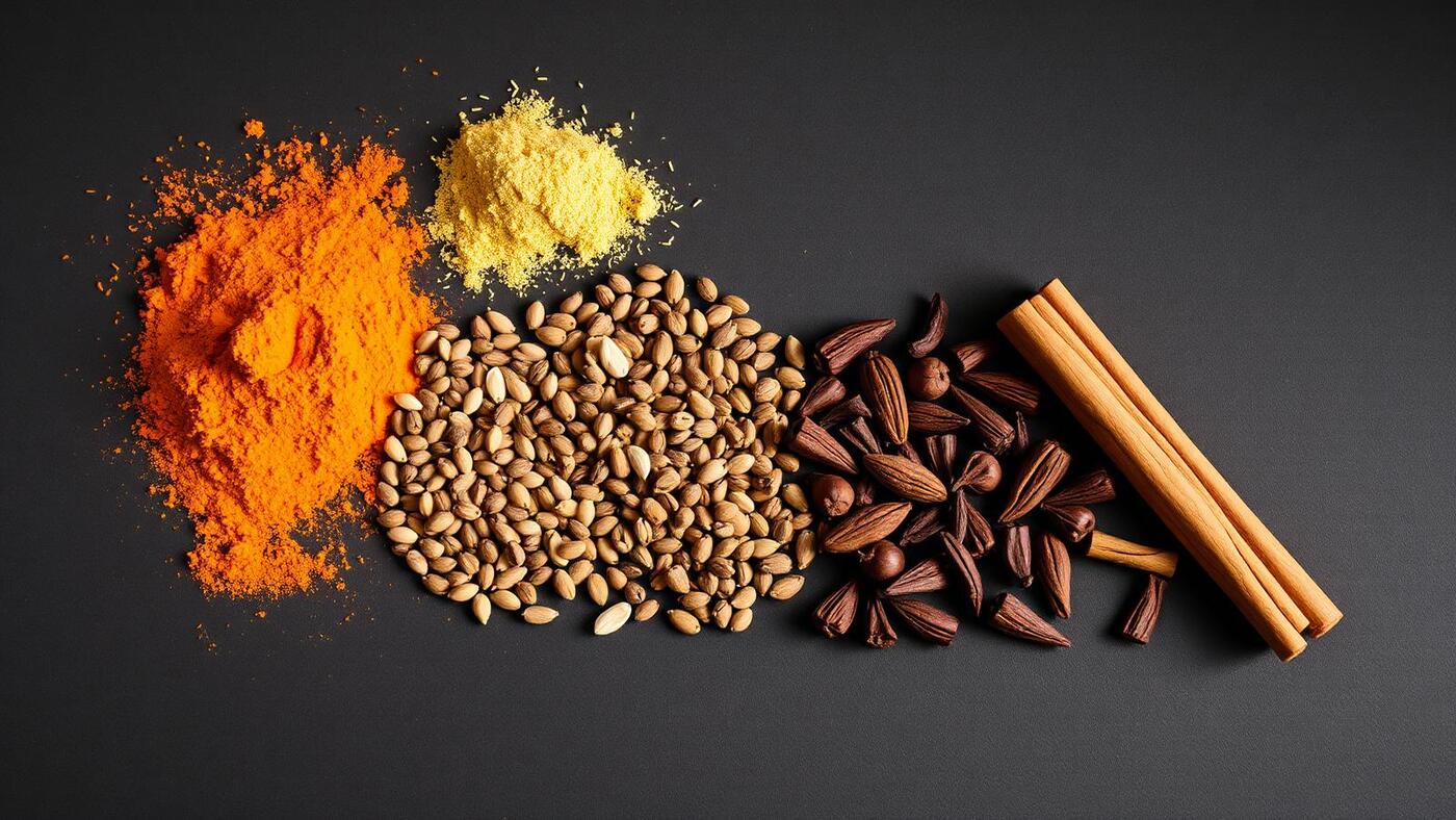 Whole spices arranged on slate — turmeric, cumin, coriander, cardamom