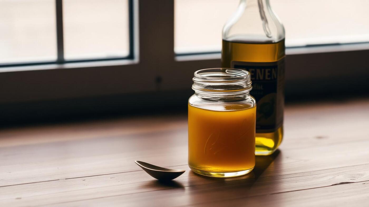 Glass jar of desi ghee next to a bottle of cooking oil