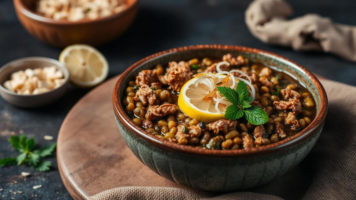 Bowl of Pakistani haleem with fried onions and lemon