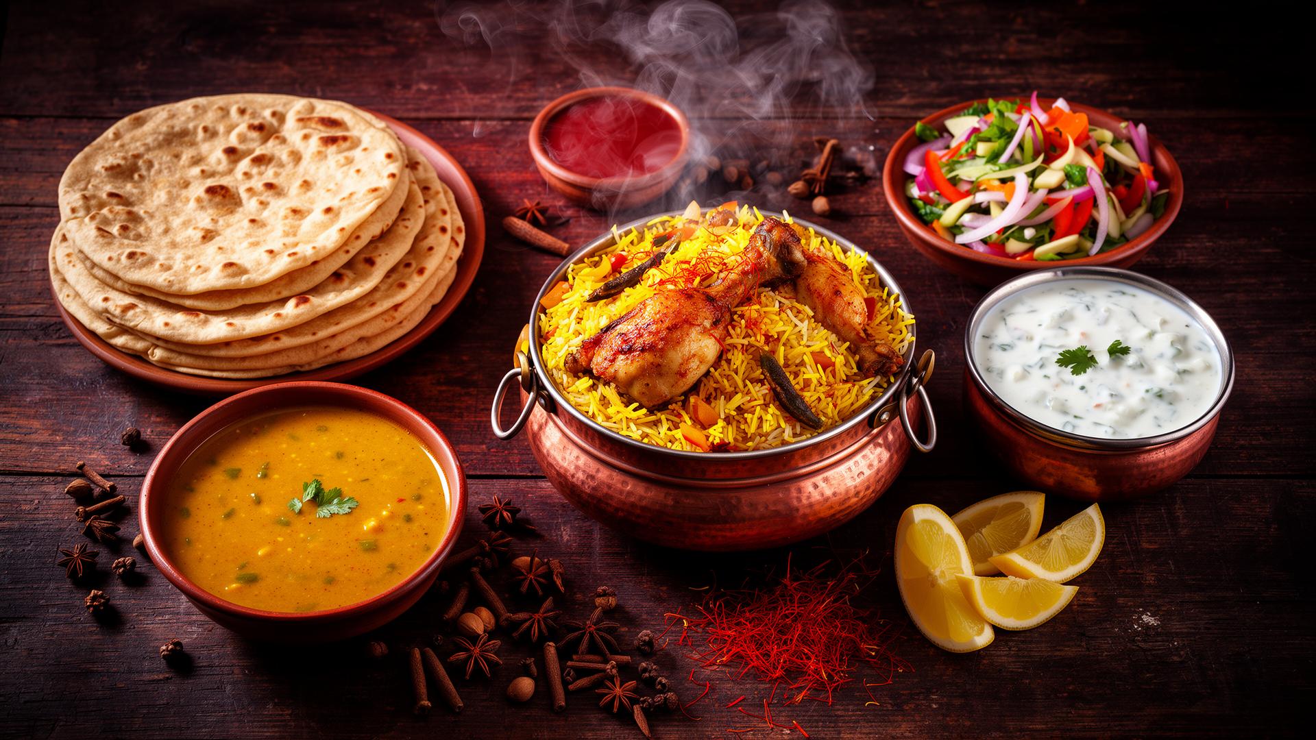 Homemade Pakistani meal spread with chicken biryani, daal, roti and salad