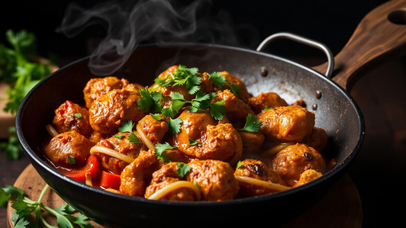 Sizzling chicken karahi in a cast iron wok with tomato and coriander