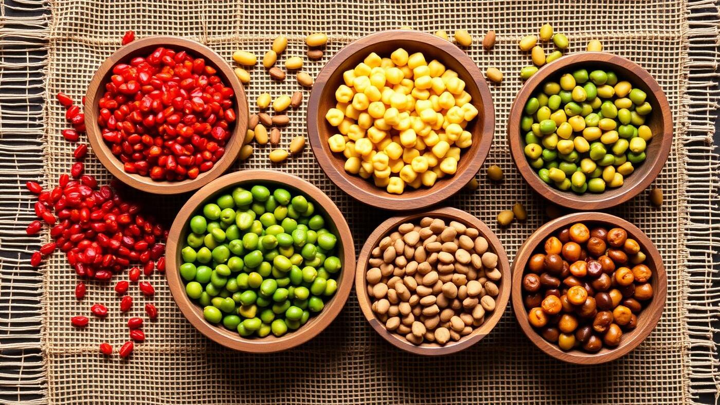 Bowls of colorful raw lentils — masoor, moong, chana and rajma
