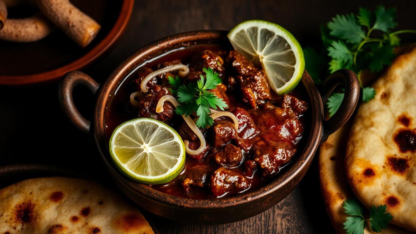 Bowl of rich beef nihari with ginger and lemon on the side