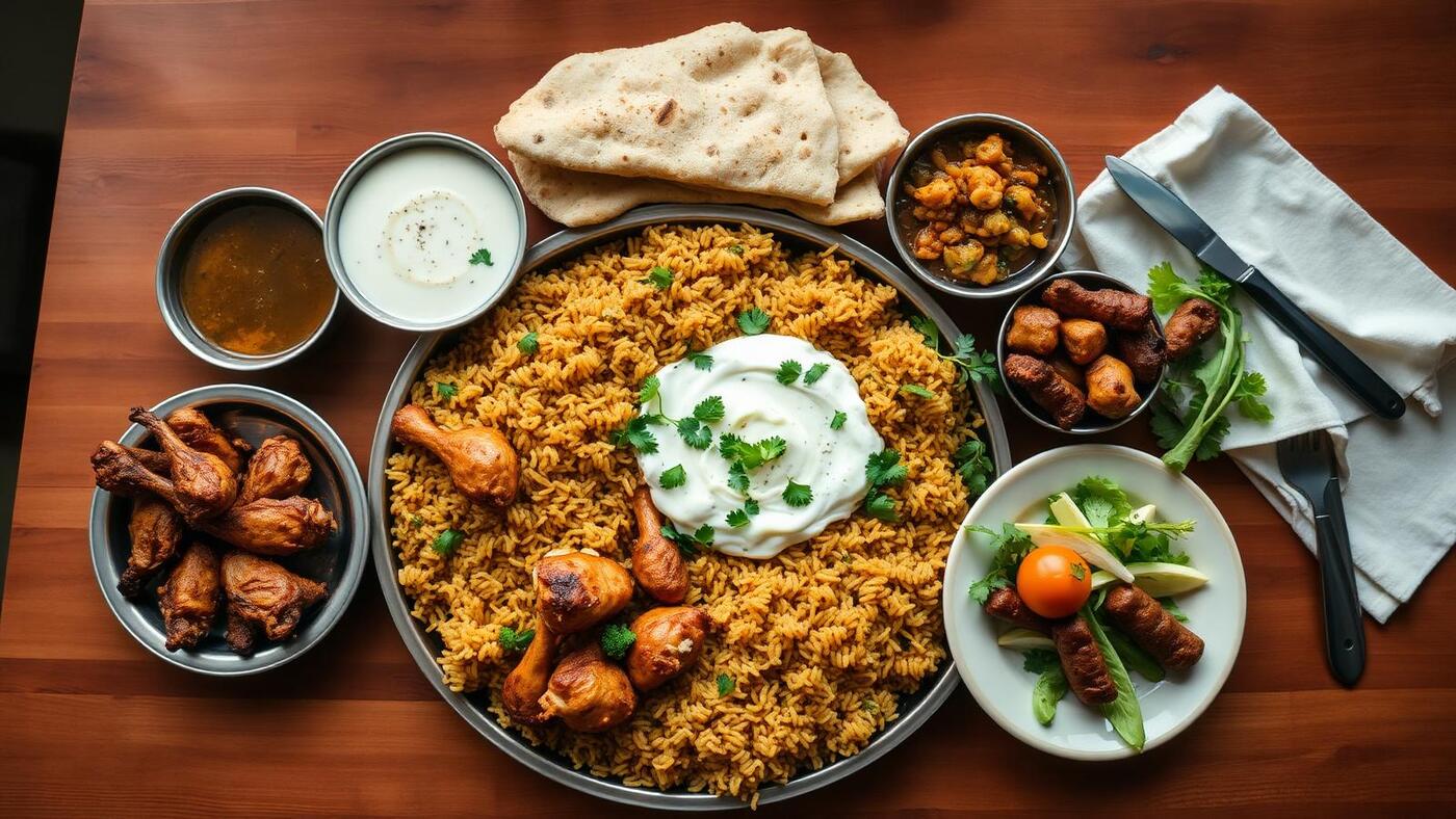 Pakistani desi thali with biryani, daal, naan, kebabs and raita