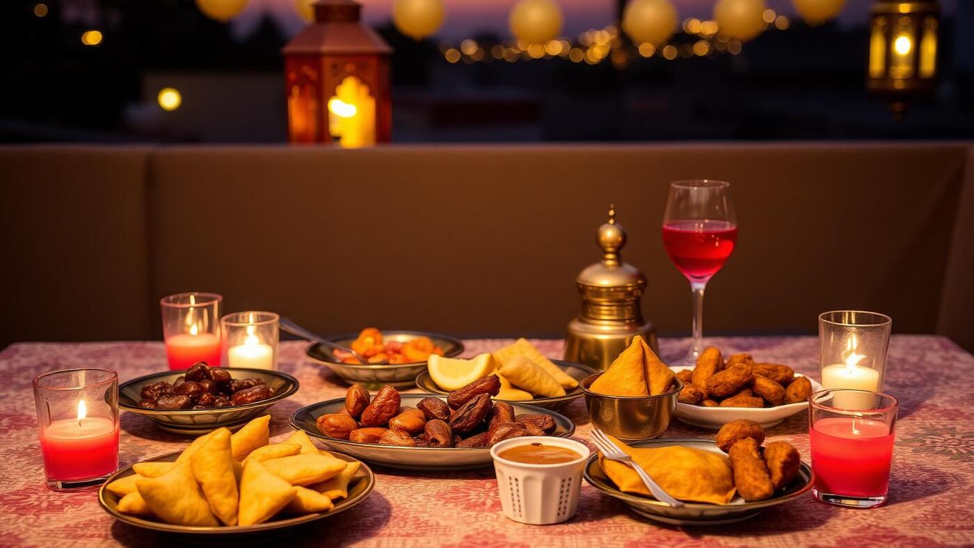 Ramadan iftar table with dates, fruit chaat, samosas and lanterns