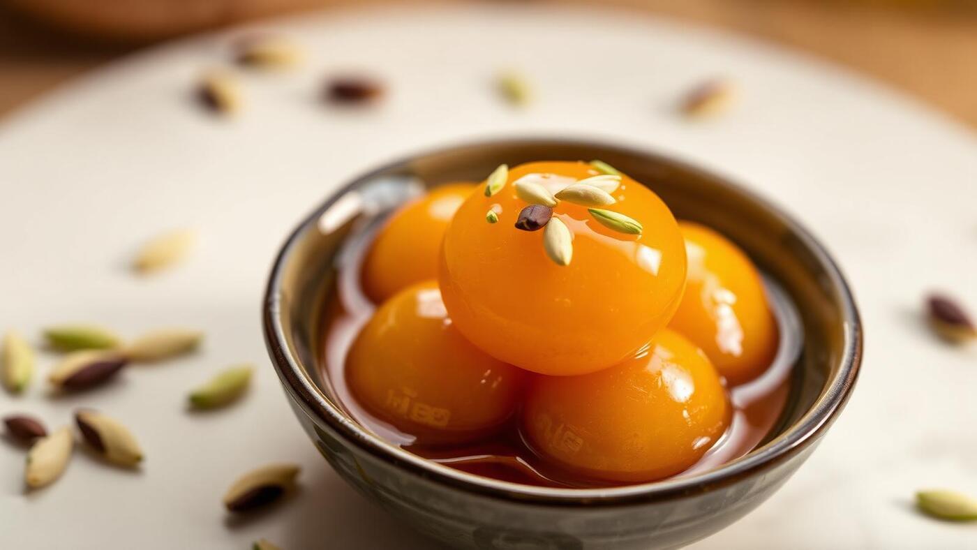 Gulab jamun in syrup with pistachios in a bowl