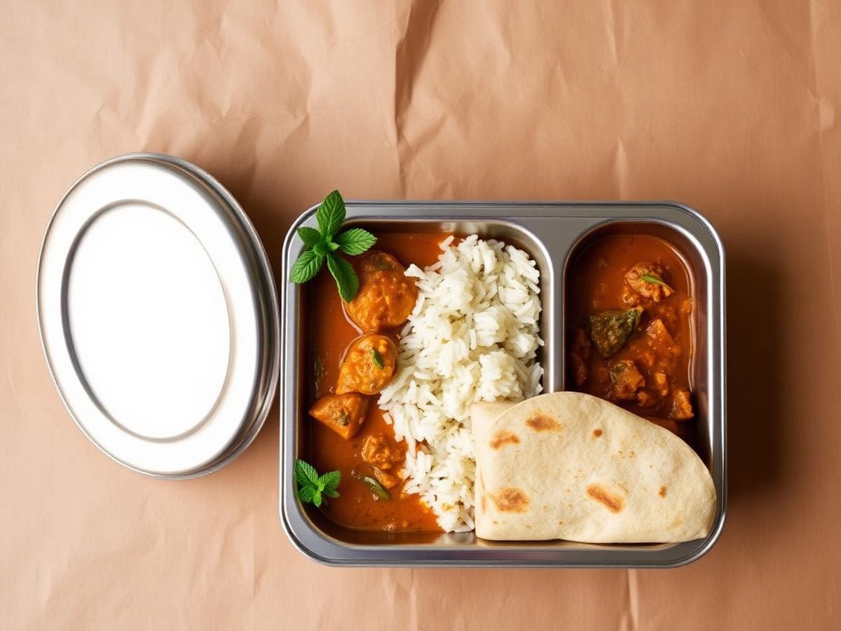 Stainless steel tiffin meal box with curry, rice and roti