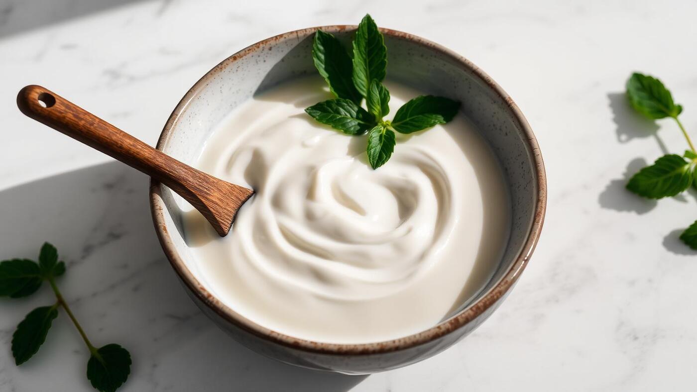 Bowl of fresh creamy yogurt with mint leaves